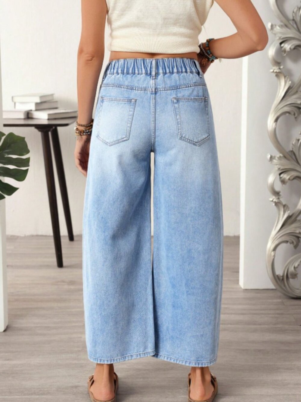 Women Cotton Wide Leg Jeans Loose Fit Patch Pocket Casual Street Blue Denim - Picture 4 of 6